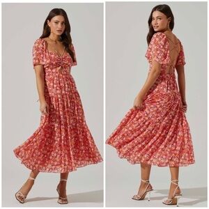 ASTR Floral Cinched Bust Cutout Center Midi Dress Red Multi Floral Criss-Cross M